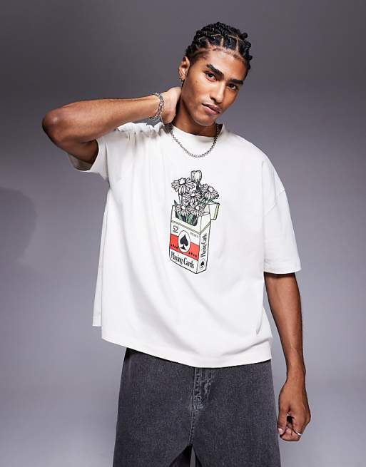 DESIGN boxy oversized t-shirt with flower graphic in off white