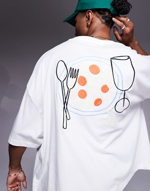 DESIGN Boxy Oversized T-shirt With Food Embroidery In White