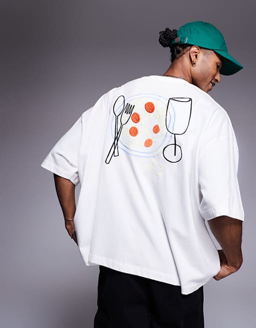 DESIGN boxy oversized t-shirt with food embroidery in white