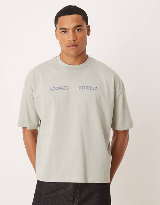 DESIGN Boxy Oversized T-shirt With Front And Back Text Graphic In Light Grey