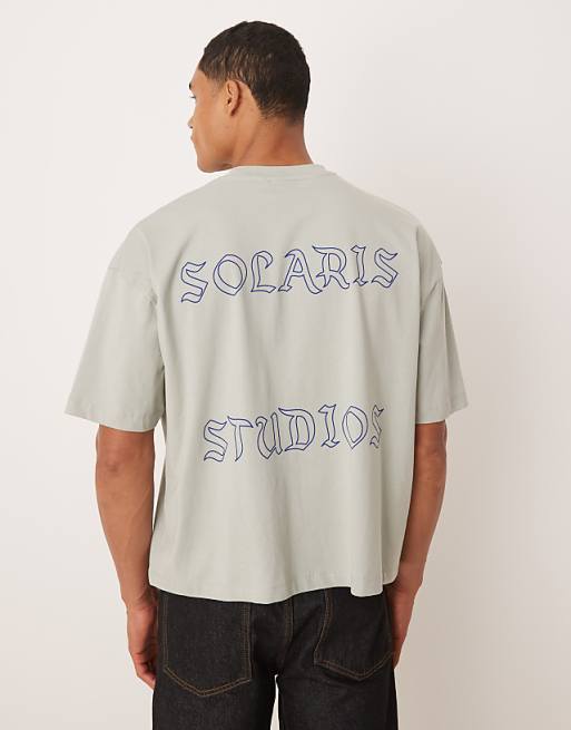DESIGN boxy oversized t-shirt with front and back text graphic in light grey