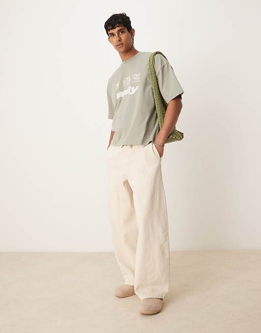 DESIGN Boxy Oversized T-shirt With Front Chest Graphic In Grey Green