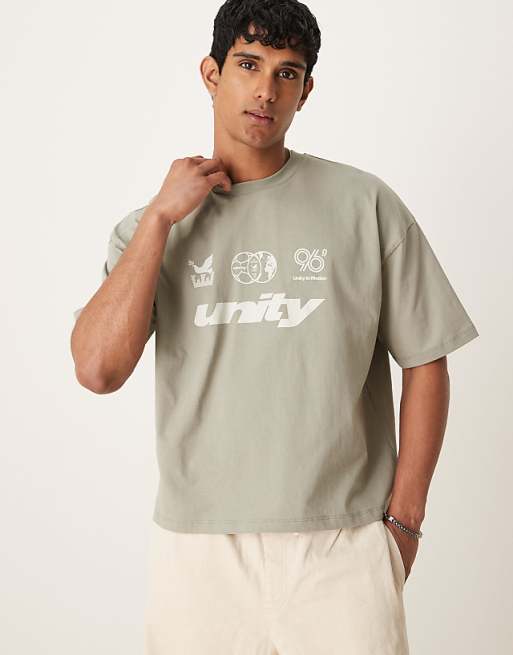 DESIGN boxy oversized t-shirt with front chest graphic in grey green