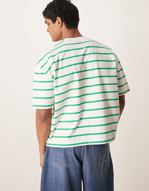 DESIGN Boxy Oversized T-shirt With Logo Embroidery In Green And White Stripe