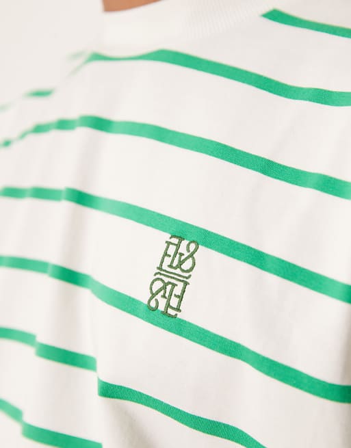 DESIGN Boxy Oversized T-shirt With Logo Embroidery In Green And White Stripe