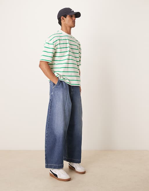 DESIGN Boxy Oversized T-shirt With Logo Embroidery In Green And White Stripe
