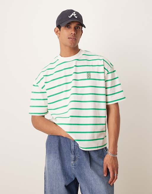 DESIGN boxy oversized t-shirt with logo embroidery in green and white stripe