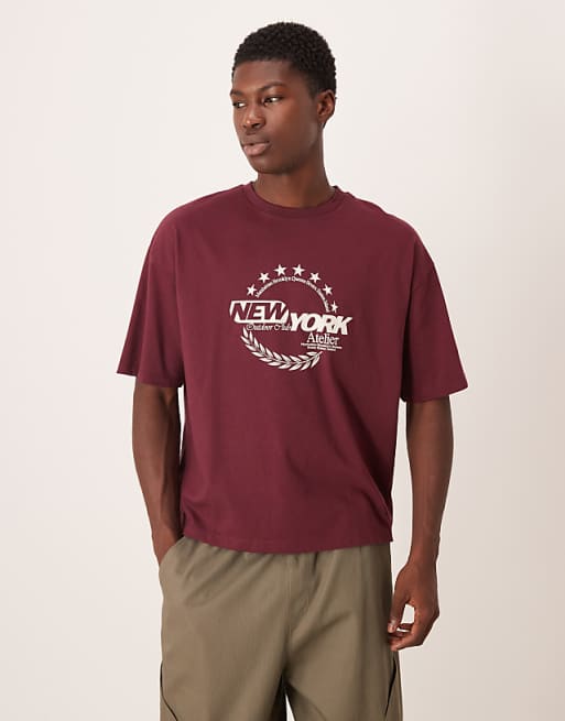 DESIGN boxy oversized t-shirt with New York graphic in burgundy
