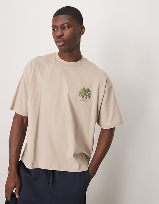 DESIGN Boxy Oversized T-shirt With Palm Graphic In Beige