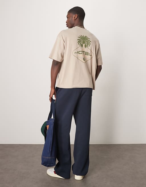 DESIGN boxy oversized t-shirt with palm graphic in beige