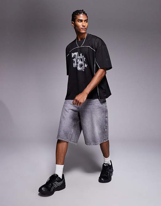 DESIGN Boxy Oversized T-shirt With Piping Detail And Number Graphic In Black Airtex