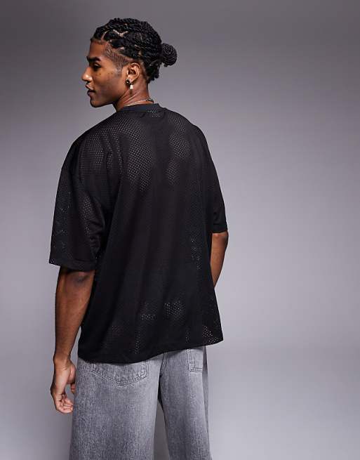 DESIGN Boxy Oversized T-shirt With Piping Detail And Number Graphic In Black Airtex
