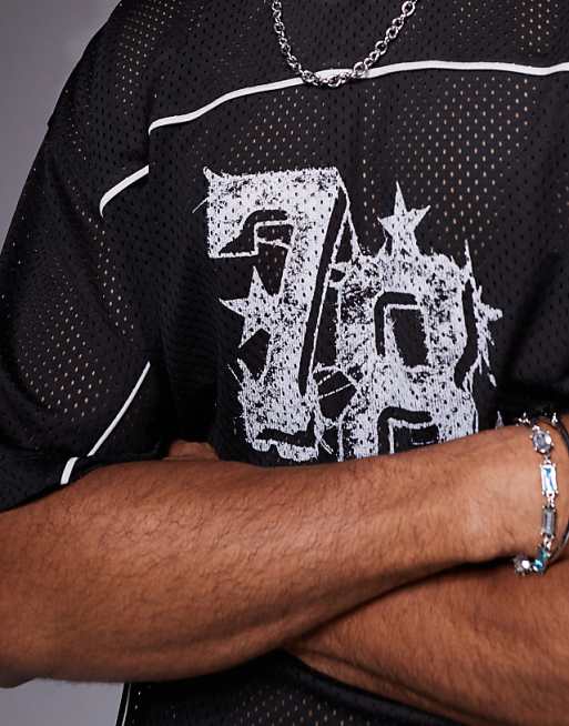 DESIGN Boxy Oversized T-shirt With Piping Detail And Number Graphic In Black Airtex