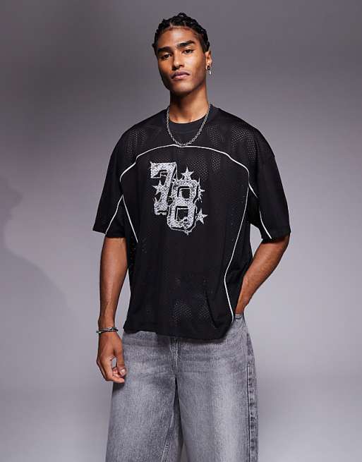 DESIGN boxy oversized t-shirt with piping detail and number graphic in black airtex