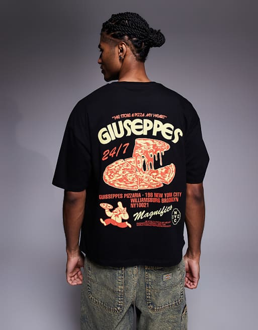 DESIGN boxy oversized t-shirt with pizza graphic in black