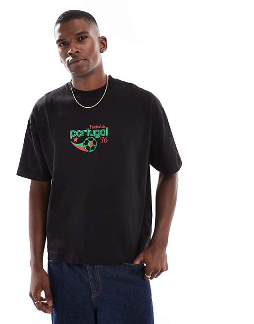 DESIGN boxy oversized t-shirt with Portugal sports graphic in black