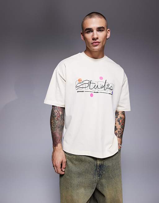 DESIGN Boxy Oversized T-shirt With Puff Text Graphic In Buttermilk