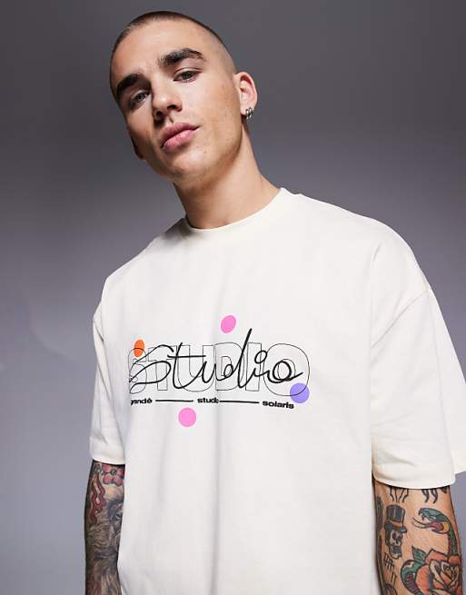 DESIGN boxy oversized t-shirt with puff text graphic in buttermilk