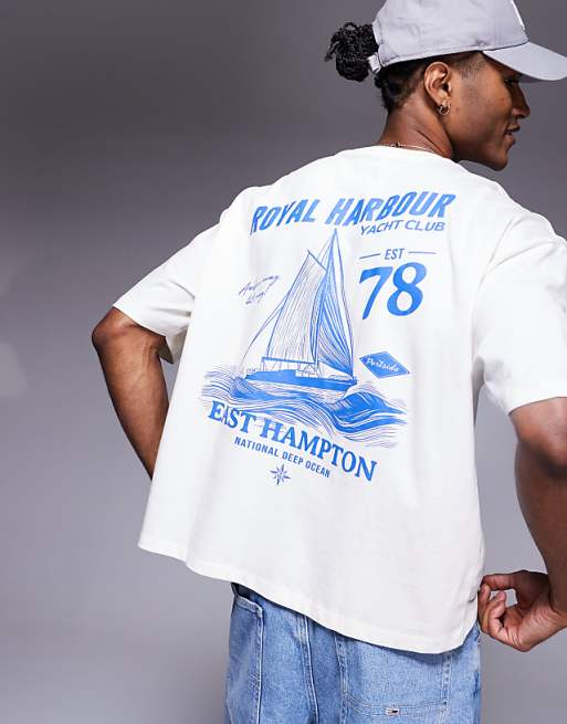 DESIGN boxy oversized t-shirt with sailing graphic in off white