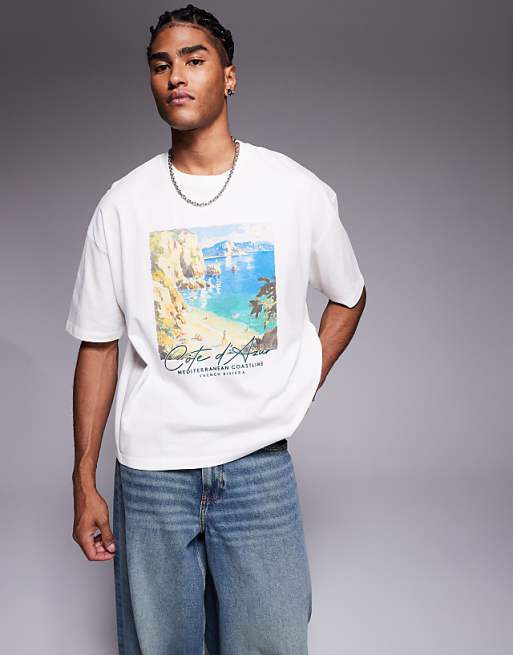 DESIGN boxy oversized t-shirt with scenic graphic in off white