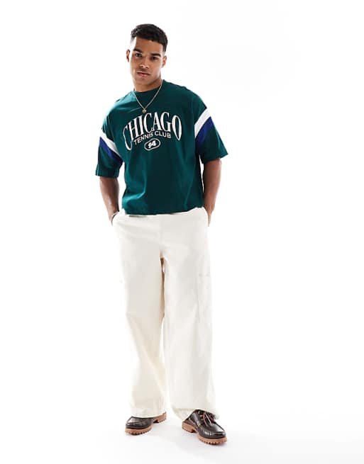 DESIGN Boxy Oversized T-shirt With Sport Graphic And Sleeve Panel In Green