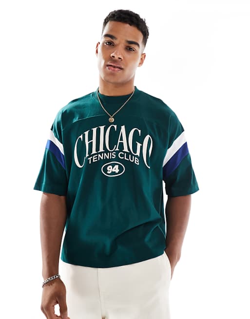DESIGN boxy oversized t-shirt with sport graphic and sleeve panel in green