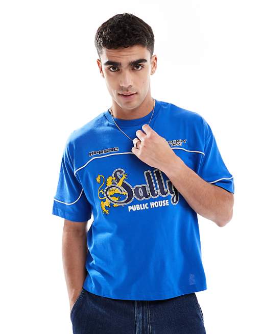 DESIGN boxy oversized t-shirt with sports graphic in blue