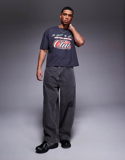 DESIGN Boxy Oversized T-shirt With Sports Graphic In Charcoal