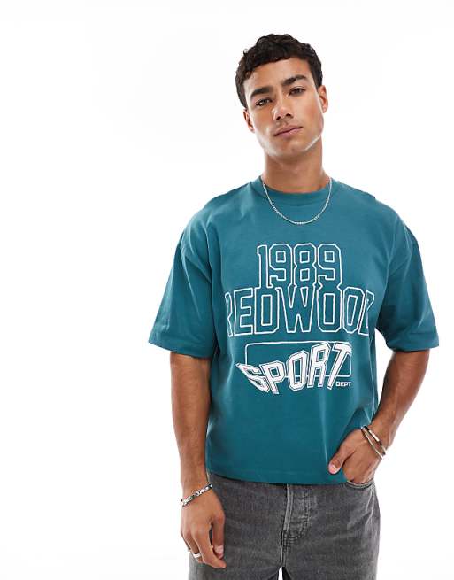DESIGN boxy oversized t-shirt with sports graphic in green