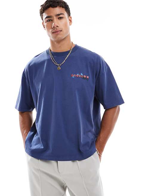 DESIGN boxy oversized t-shirt with summer graphic in washed blue