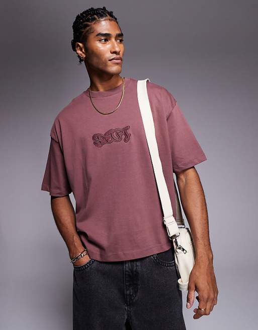 DESIGN boxy oversized t-shirt with text graphic in brown
