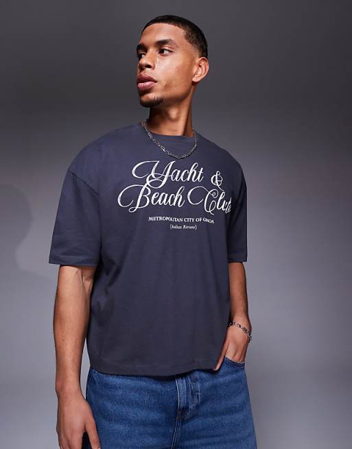 DESIGN boxy oversized t-shirt with text graphic in charcoal