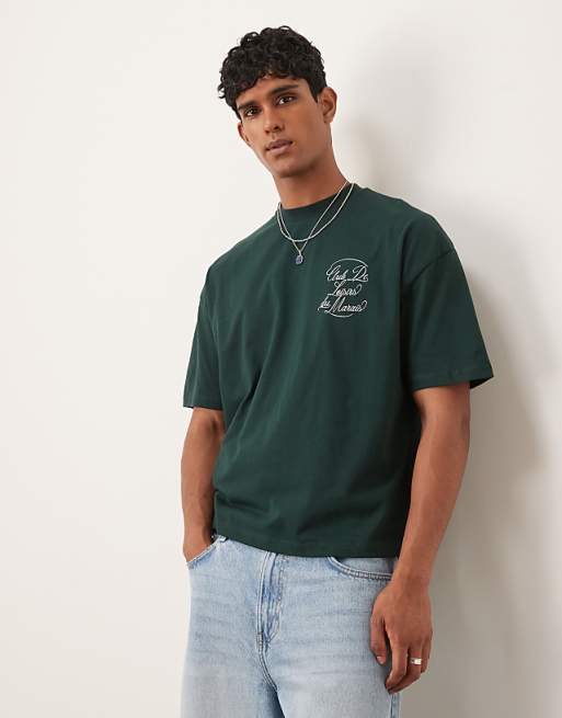 DESIGN Boxy Oversized T-shirt With Text Graphic In Dark Green