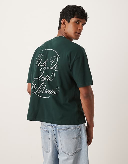 DESIGN boxy oversized t-shirt with text graphic in dark green