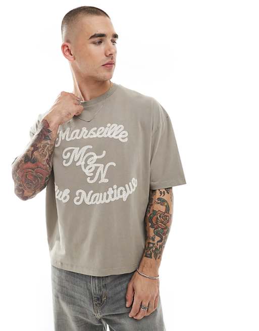 DESIGN boxy oversized t-shirt with text puff print in brown