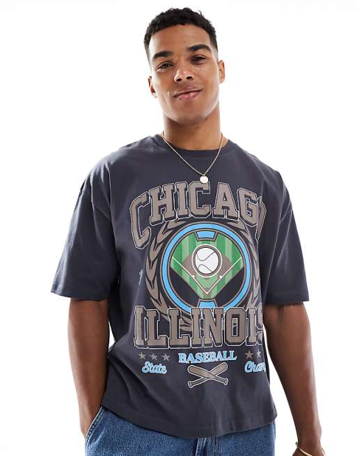 DESIGN boxy oversized t-shirt with varsity graphic in washed black