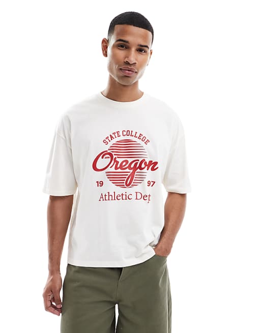 DESIGN boxy oversized t-shirt with varsity graphic in off white