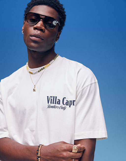 DESIGN Boxy Oversized T-shirt With Villa Graphic In Cream