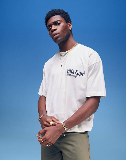 DESIGN Boxy Oversized T-shirt With Villa Graphic In Cream
