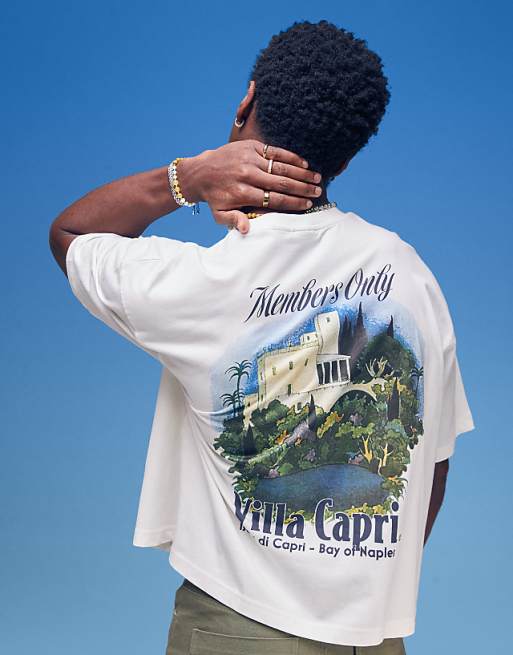 DESIGN boxy oversized t-shirt with villa graphic in cream