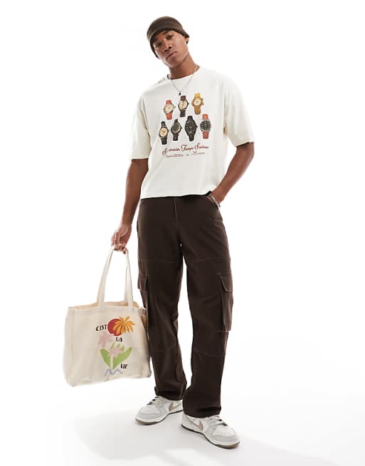 DESIGN Boxy Oversized T-shirt With Watches Graphic In Off White