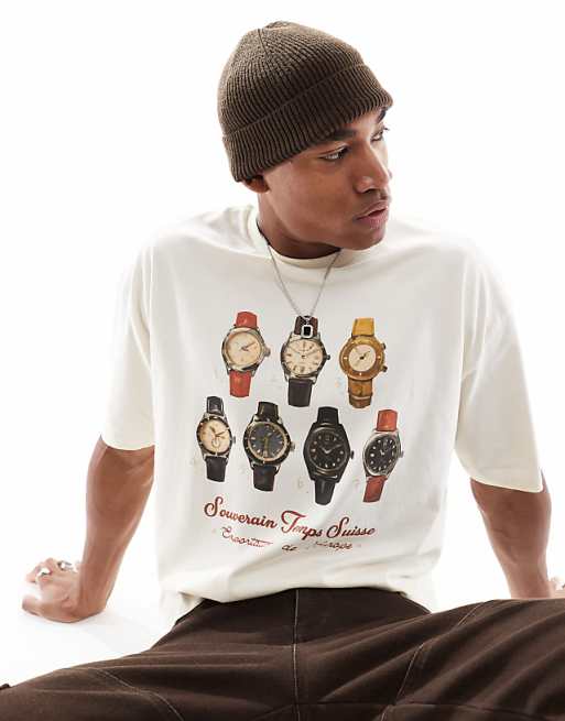 DESIGN Boxy Oversized T-shirt With Watches Graphic In Off White