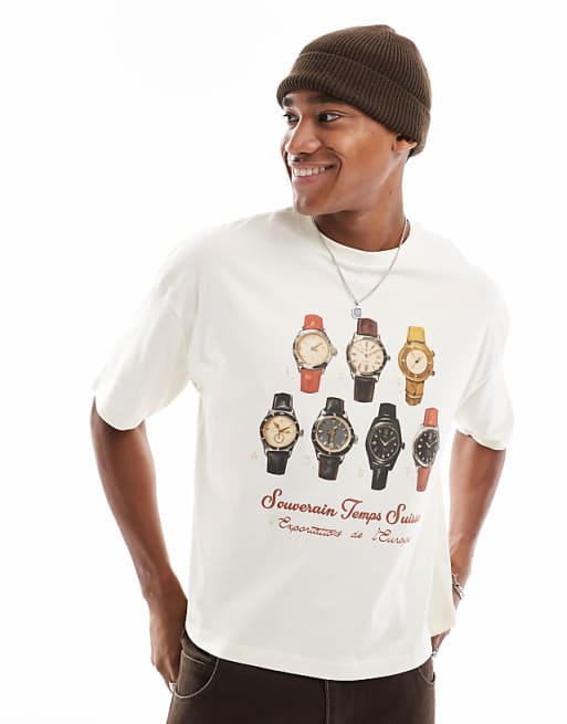 DESIGN boxy oversized t-shirt with watches graphic in off white