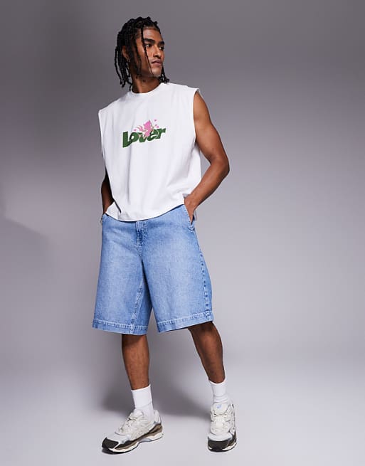 DESIGN Boxy Oversized Tank With Text Graphic In White