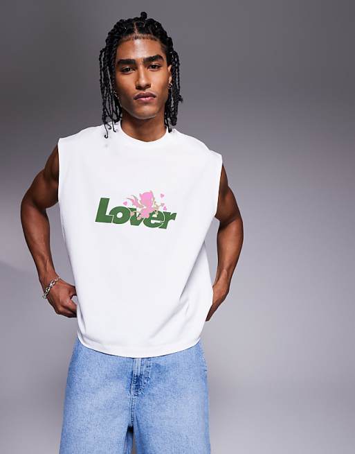 DESIGN boxy oversized tank with text graphic in white