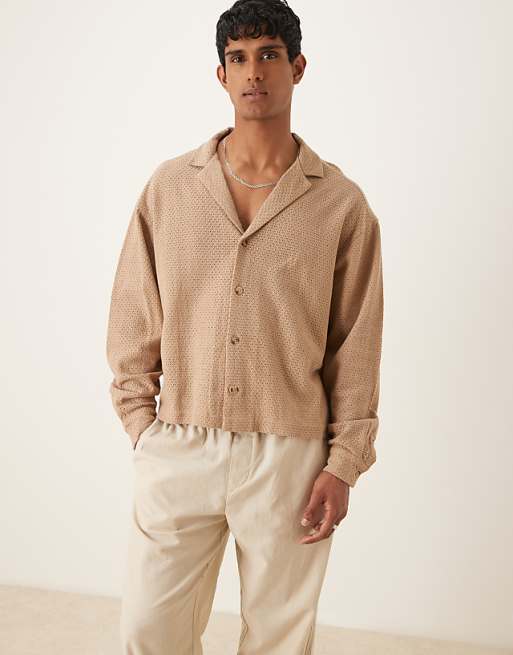 DESIGN boxy oversized textured shirt in beige