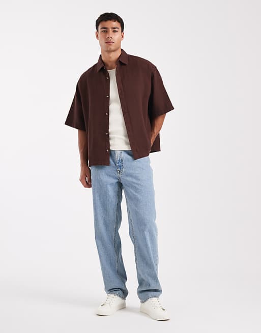 DESIGN Boxy Oversized Textured Shirt In Brown