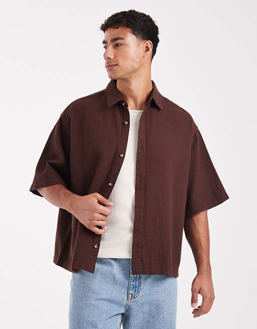 DESIGN boxy oversized textured shirt in brown