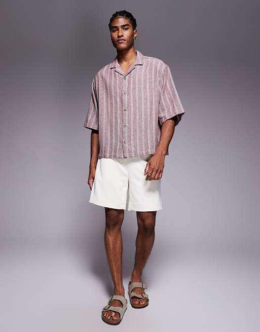 DESIGN Boxy Oversized Textured Shirt In Burgundy Stripe