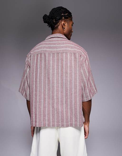 DESIGN Boxy Oversized Textured Shirt In Burgundy Stripe